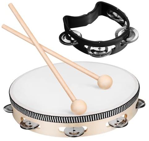 Toyvian Tamburin mit Holzschlägeln und Fach Handglocke Langlebiges Percussion Instrument für Erwachsene Einfach zu Greifen für Musiktraining Tanz und Partybegleitung