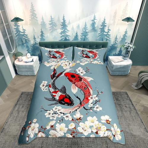 Loussiesd Japanese Koi Fish Duvet Cover Set Single Size Cherry Blossoms Bedding Set Kids Boys Girls Botanical Flowers Floral Print Duvet Cover with 1 Pillowcase Japanese Style Bedding