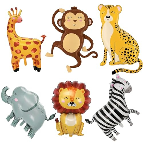 LiJuanWang Folienballon Animals,6 Stücke Foil Balloons,Dschungel Safari Luftballons,Folienballon Tiere,Forest Animals Lion Tiger Balloon,Balloons Animals,für Geburtstag Party Deko