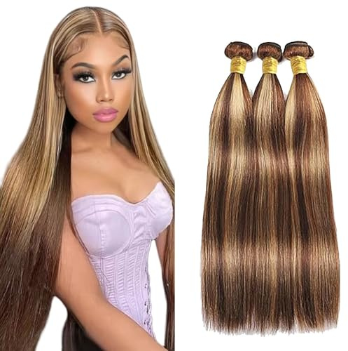 Tuheerst P4/27 Highlight Blonde Color Straight Human Hair Bundles 24 26 28 Inch Sew in Knotless Remy Raw Hair Virgin Human Hair Extension For Woman 3 Bundles Total 150g