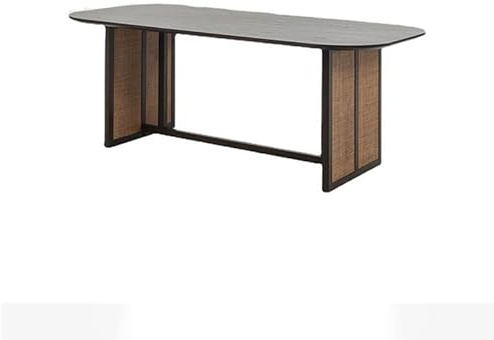 Büro-Besprechungstisch Esstisch aus Holz und Rattan, großer for Zuhause, Retro-Wabi-Sabi-Stil, ovaler westlicher Esstisch