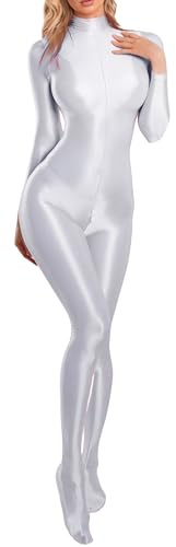 FEOYA Tuta intera lucida da donna Catsuit Bodysuit lucida con cerniera brillante per feste da ballo club M XL, bianco, XL