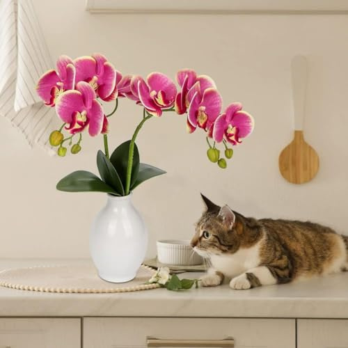 Honseadek Flor artificial de orquídea rosa en jarrón con pétalos de seda realistas para decoración del hogar, planta grande de falaenopsis sintética para sala de estar y oficina (morado)