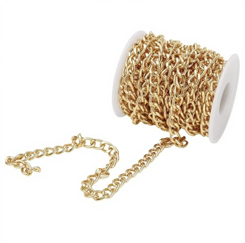 MANCHAP 5m/16.4ft Gold Chain Roll, 7x10mm Golden Aluminium Decorative Metal Links for DIY Craft Projects, Jewellery Making