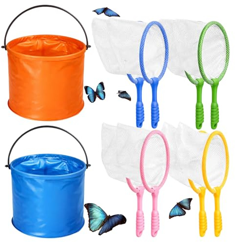 Fishing Net, Butterfly Net, 8Pcs Colorful Fishing Nets with 2 Foldable Water Buckets for Catching Insects and Butterflies, Compact Insect Net for Garden Beach Ponds Pool