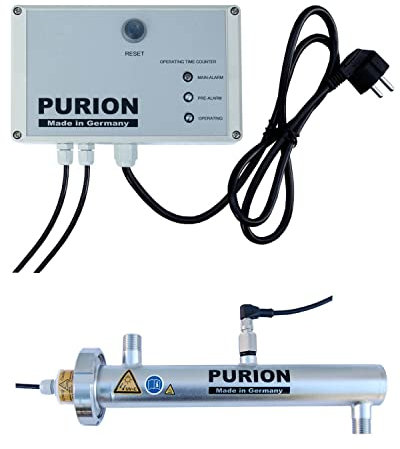 Sistema UV de corriente alterna PURION 500 con capacidad de desinfección de 10 W y 400 l/h, clarificador de agua de acero inoxidable con control de sensores