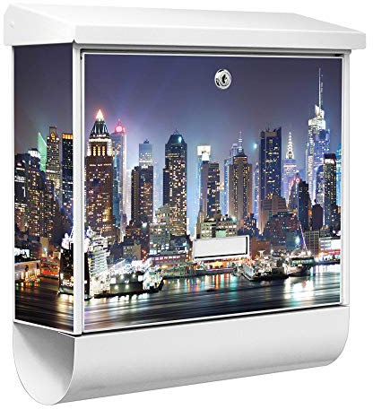 banjado® Burgwächter Briefkasten Weiß 38x39x12cm mit Motiv New York/Briefkasten mit Zeitungsfach/Briefkasten mit Zeitungsrolle/Postkasten inkl. Montagematerial & 2 Schlüsseln