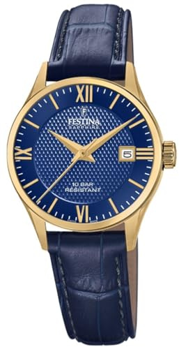 Festina Swiss Made Damenuhr Analog aus Leder Blau | Quarzwerk, Widerstandsfähiges Saphirglas, Wasserdicht 10 ATM und Kalender F20011/3