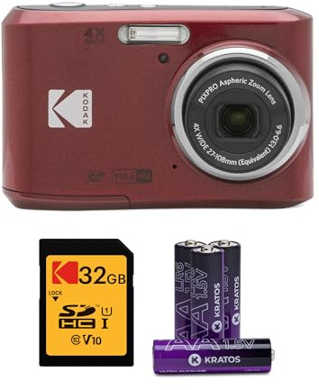 Kodak PIXPRO FZ45 Lot de 4 appareils Photo numériques avec Carte mémoire SDHC UHS-I U1 Classe 10 32 Go et Piles alcalines AA Haute Performance Rouge