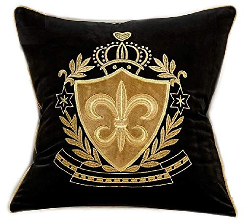 Brillabenny CUSCINO COVER LUXURY ROYAL Stemma Reale Corona Velluto Nero e Oro Gold, Giglio Sofà Arredo Casa Divano Lusso Yatch Poltrona Salotto (NERO ORO 1)