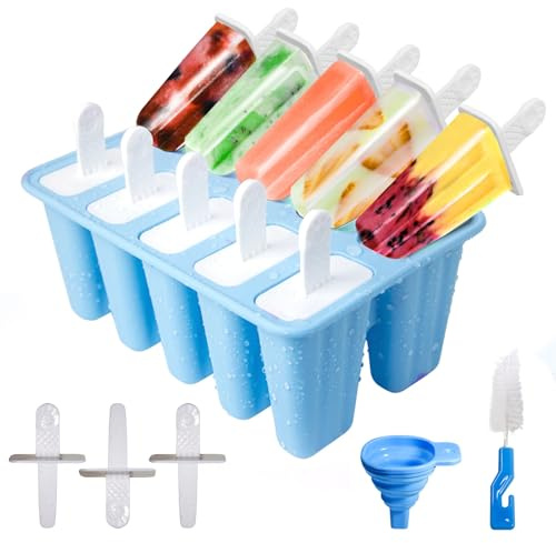 Silicone Moule Glace Avec Batonnet Glace, Brosses Et Entonnoirs Pliants | Moule À Glace En Silicone 10 Cavités, Antiadhésif, Lavable Au Lave-Vaisselle, Sans BPA