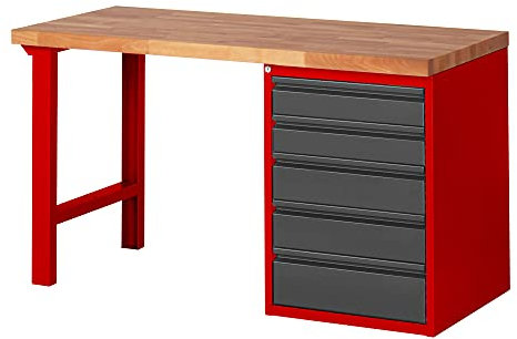 STIER Werkbank Premium mit 5 Schubladen BxTxH 1500x700x890mm RAL 3000 / anthrazitmetallic