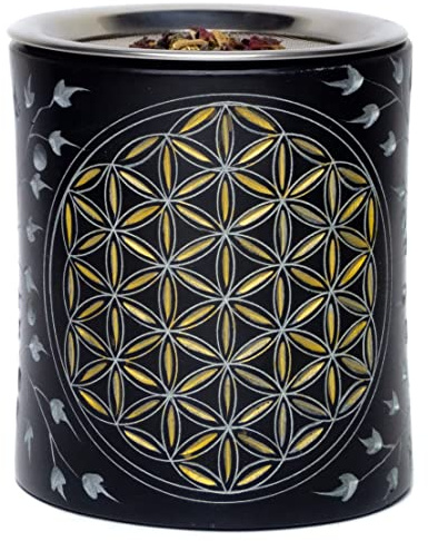 Berk ST-299 Räucherstövchen mit Sieb *Blume des Lebens & Schwarz Gold* aus Stein - Weihrauchbrenner Räuchergefäß - Weihrauch Räuchern & Esoterik Geschenke