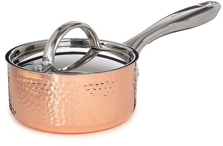 BergHOFF Vintage Tri-Ply 18/10 Stainless Steel Saucepan 1qt. With Matching Lid Hammered Long & Ergonomic Shaped Handle 3-layer Base