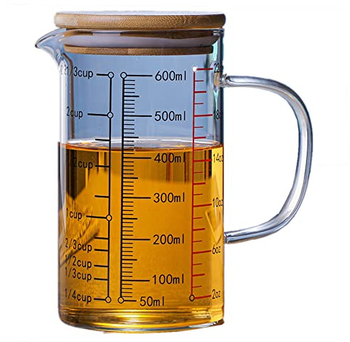 OnePine 600ml Glasmessbecher mit Deckel, Messbecher aus Glas Hitzebeständig, Messbecher mit Skala Perfekt zum Küche Bar Restaurant