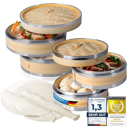 Dimono® Bambu Ångkorg med Rostfritt Stål, 2 Nivåer med Lock | Ångkokare i bambu för dim sum, dumplings, grönsaker, ris & fisk – 20 cm och 24 cm