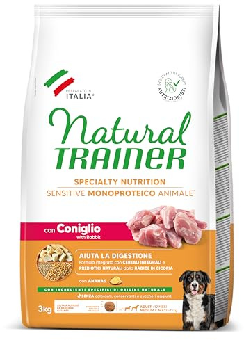 Natural Trainer Sensitive No Gluten, Cani Adulti Medium&Maxi, Coniglio e Cereali Integrali, 3kg