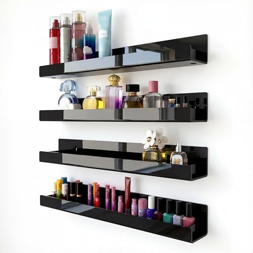 RORKIM 4 Stück 38.1 cm schwarze Acryl-Regale, schwarzes Kinder-schwimmendes Bücherregal für Kinderzimmer, modernes Nagellack-Regal, Sonnenbrille, ätherisches Öl, Spielzeugaufbewahrung, Wandregal