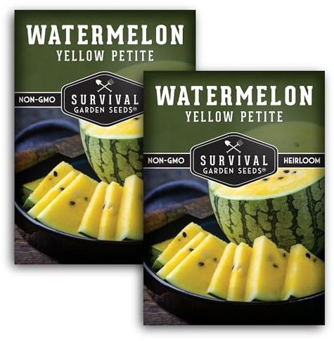 Yellow Petite Watermelon Seeds for Planting – Fast-Growing Mini Watermelons with Sweet Golden Fruit – Compact Vines for Small Gardens – Non-GMO Heirloom – Survival Garden Seeds (2 Pack)