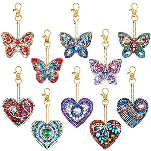 Nizirioo 10 Stück Diamond Painting Schlüsselanhänger, 5D Diamant Malerei-Schlüsselanhänger, Diamant Malerei Schlüsselanhänger Anhänger, Diy Voll Bohrer Schmetterling Malerei Schlüsselbund