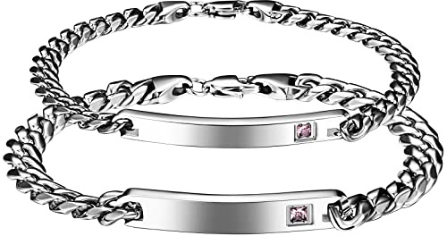 JewelryWe Schmuck Pärchen Armband mit Gravur, Personalisierbares Partnerarmband Freundschaftsarmband Edelstahl Panzerkette Paar Armbänder für Herren Damen, Sllber Gold Schwarz Rosegold