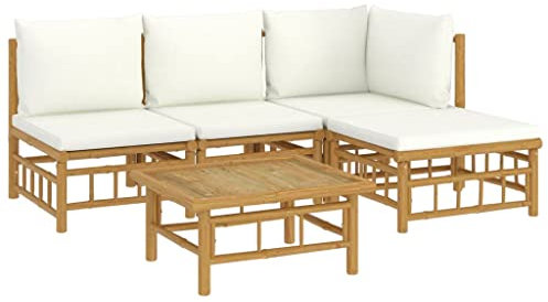 vidaXL Loungegrupp 5 delar gräddvita dynor bambu, trädgårdssoffa, utemöbler, loungeset, trädgårdssoffor, trädgårdsmöbler, loungegrupp i bambu