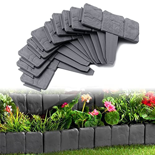 JOIEYOU Beeteinfassung Rasenkante, Kunstoff Steinoptik Raseneinfassung 5 M, Flexibler PP Beetumrandungen für Blumen, Gartenzaun decorativ, L 25 x H 23 cm, 20 Stücke, Anthrazit