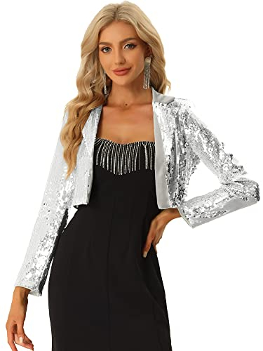 Allegra K Damen Langarm Offene Vorderseite Reverskragen Party Glitzer Pailletten Jacke Silber M