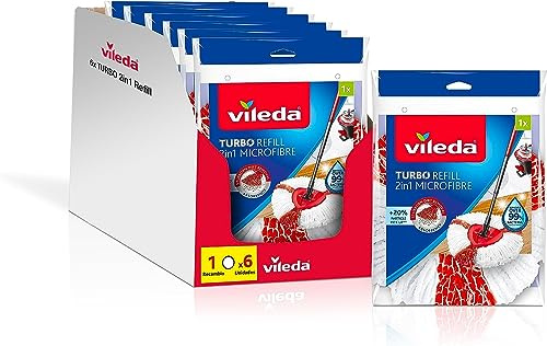 Vileda-Recambio Turbo 2en1; Compatible con Todos los Sistemas Turbo de Vileda; 20% de Rendimiento Extra; Apto para Todo Tipo de Suelos Duros; Elimina el 99% de Las bacterias Solo con Agua; 6 Unidades