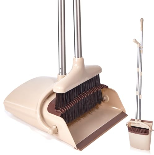 XXFLOWER Long Handle Dustpan and Brush Sets, Broom and Dustpan Set with Comb Teeth, Sweeping Brush Set for Indoor Kitchen Lobby Office Sweeping Pet Dog Hair, Household Cleaning Supplies (Brown Beige)