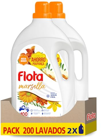 FLOTA | Detergente Líquido Quitamanchas incluso en Agua Fría para Lavadora | Ropa Blanca y de Color | Fragancia Marsella | 2x100 Lavados | Formato Familiar