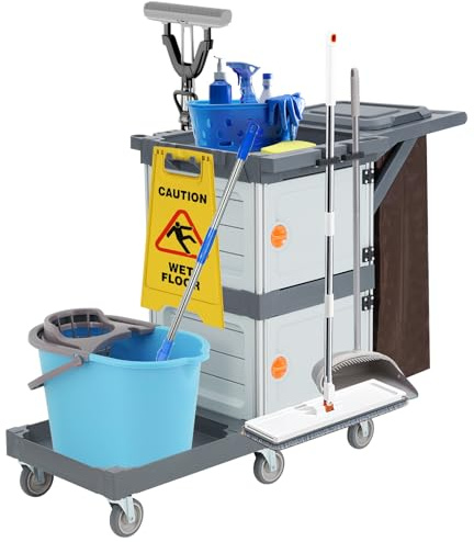 Commercial Janitorial Cart with Cabinet, 3-ply Multi-Purpose Engineered Plastic Housekeeping Cart with 30 gal Bag Hand Push Utility Cart, 200 LBS Load Capacity
