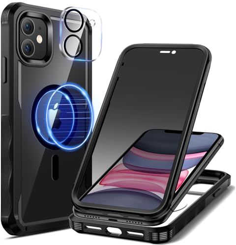 seacosmo för iPhone 11 Privacy Skal, Kompatibelt med Magsafe, Anti-Peep Inbyggt Sekretess Skärmglas och Linsskydd i Härdat Glas, 360 Grader Stötsäkert Mobilskal, Magnetiskt Fodral, Svart