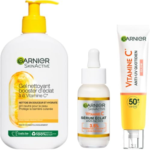 Garnier SkinActive - Coffret Routine Eclat Vitamine C – Gel Nettoyant Booster d’éclat + Sérum Anti-Taches Brunes + Fluide Anti-UV Quotidien Glow SPF50+ - Enrichis en Vitamine C - Tous Types de Peaux