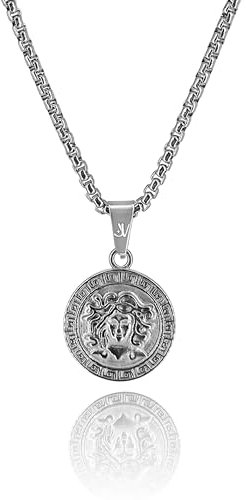 JVillion Medusa-Schlangenkopf-Anhänger Halskette Silber Herren, Box Kette, Streetwear Modeschmuck, Griechische Mythologie, Edelstahl, 50-60cm, Wasserfest & Nicht-Abfärbend (55)