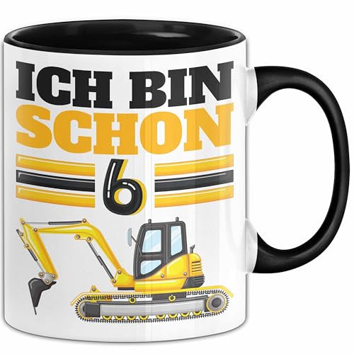 6. Geburtstag Geschenk Tasse Becher Jungs Bagger Ich Bin Schon 6 (Schwarz)