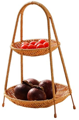 Cesta De Frutas De Dos Niveles Frutero De Mimbre Pan De Doble Capa Cesto De Frutas Vegetales Soporte para Tazones Pastel Postre Cesta De Pan para Almacenamiento De Frutas(2 Layer 34.5 * 22cm)