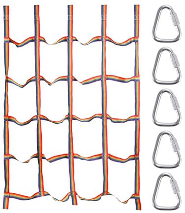 Kinder-Kletternetz, tragbares Regenbogen-Gurtband, Kletternetz mit Leiter, hochfestes Seil, Cargo-Hindernislauf mit Dreiecksringen, 144 x 183 cm