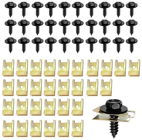 IETWATE 60PCS Screw and Nut Clip Kit, 30 Auto Body Fender Screws and 30 Bumper Guard Plate Fixing Bolts, U Type Fastener Clip with Hexagon Self Drilling Screw for Car Wheel Arch Cover Undertray Fender