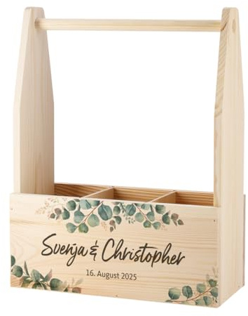 Cera & Toys® Flaschenhalter zur Hochzeit mit Aufdruck der Namen und Glückwunschtext (Eukalyptus)