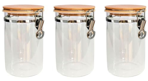 Acan Tradineur - Pack de 3 tarros de Vidrio borosilicato con Tapa de bambú y Cierre metálico, Bote hermético, Frasco, Recipiente para Guardar Pasta, café, condimentos - 18 x 14 x 10,5 cm - 1000 ml
