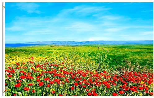 Garten Flaggen Frühling Sommer Landschaft Rot Gelb Blumen Feld Mohnblumen Gras Blau Gartens Banner Uv-Beständig Balkonflagge Durable Personalisierte Gartenflagge Für Party Parade 90X152CM