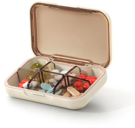 Glosen Tablettenbox 6 fächer, Pillendose klein, Medikamentenbox, Tabletten Organizer für Tasche Geldbörse (Weiß)