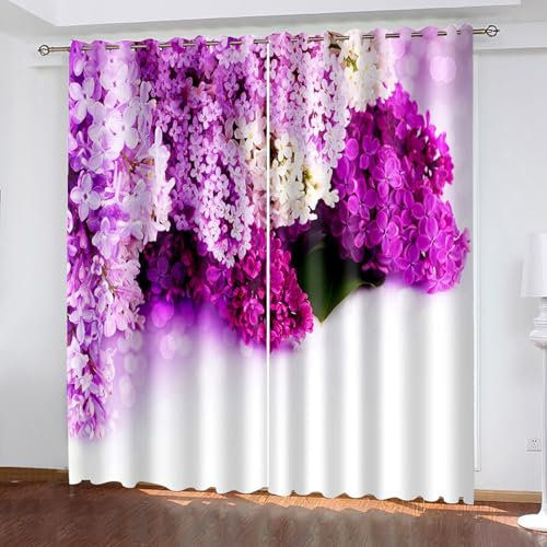 Lirzxin Vorhänge Blickdicht 229 cm Lang, Gardinen Lichtundurchlässig mit Ösen 2er Set Rosa Lila Blumenstrauß Muster Vorhang für Schlafzimmer Kinderzimmer Wohnzimmer, 214x229 cm(BxH)