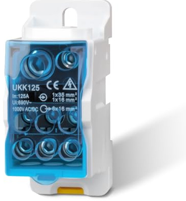 Innfeeltech 1Pcs Morsettiera di distribuzione 125A 1 In 6 Out, morsettiera su guida Din Scatola di distribuzione blu