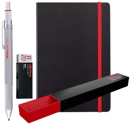 rOtring 600 3-in-1 Multicolor Stift und Druckbleistift + Notizbuch | Schwarz & Rot Kugelschreiber Spitzen und 1 Druckbleistiftspitze (0,5 mm) | Silberner Metallschaft