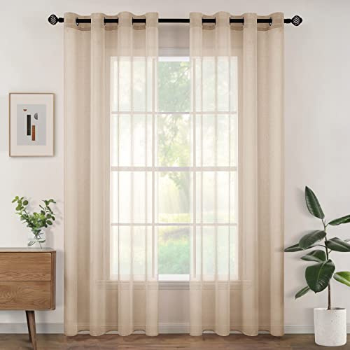 Woaboy Voile Gardinen Vorhänge Transparent Wohnzimmer mit Ösen Stores Gardinen Schlafzimmer Ösenvorhang Scheibengardine Schlaufengardinen Modern 2er Set 140x240cm (B x H) Beige
