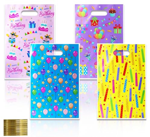 Födelsedagspåsar för barnfester 100 stycken barnfödelsedag påsar presentpåsar set med 4 mönster färgglada presentpåsar festpåsar godis för sötsaker godiepåse 16,5 x 25 cm