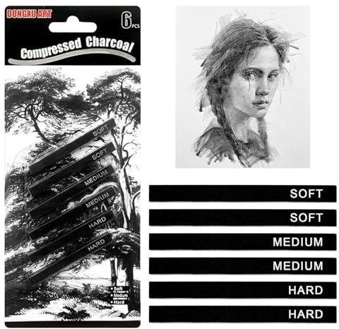 Lanstorm 6 Pcs Charcoal Pencils, Graphite Material Sticks, Square Compressed Charcoal Pencils, Drawing Pencils Set, for Crafts, Sketching, Blending, Shading, Artists and Beginners (Soft, Medium, Hard)