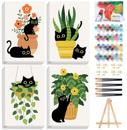 4 Pack Paint by Numbers for Adults with Frame, Black Cat, 8x12 Inch | Green Plant DIY Painting Kits with Wooden Easel, Framed Canvas Art Set for Beginners, Relaxing Home Decor Craft Gift
